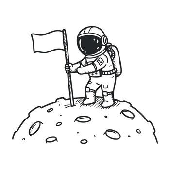 Astronaut planting flag on moon in sketch style space exploration and adventure vector