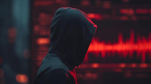 Anonymous Hooded Figure Against Glowing Red Digital Data Display, Symbolizing Cyber Security and Hacking photo