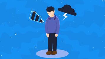 simple animation depicting the crushing feeling of despair and failure. A downward performance chart and a stormy cloud symbolize negative energy and unexpected setbacks absorbed by self depressed. video