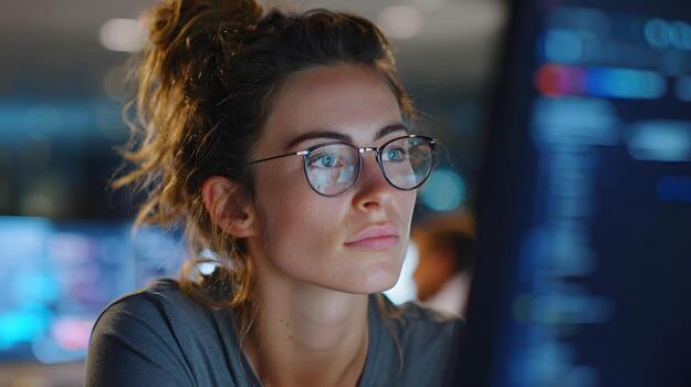 Female analyst studying AI algorithm behavior during team session photo