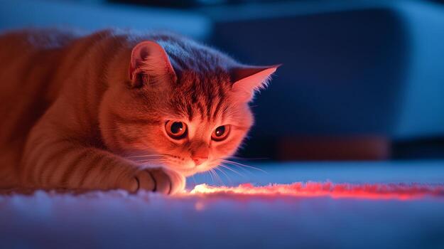 Close up of a curious and alert orange tabby cat resting on a carpeted floor its eyes reflecting the warm glow of a light source in the room photo