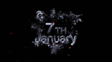 7:e januari rök text effekt med lysande partiklar på en svart bakgrund, representerar en särskild datum video