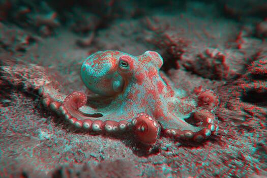 octopus with glitch-art chromatic aberration effect, underwater scene minimal background, neon undertones photo