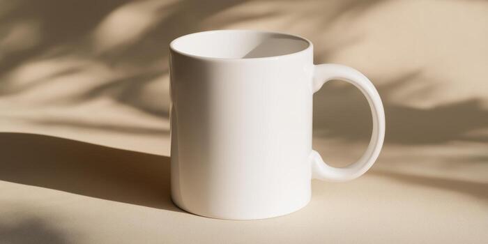 The white ceramic mug is insulated on a neutral background with soft natural shadows, ready for applying a logo or text., photo