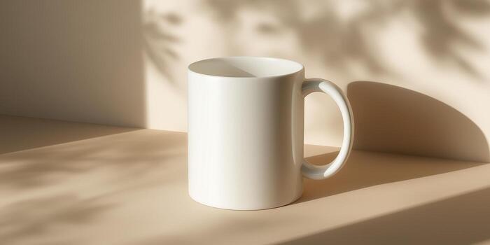 The white ceramic mug is highlighted against a neutral background with soft natural shadows and is ready to apply a logo or text. Panoramic banner, photo