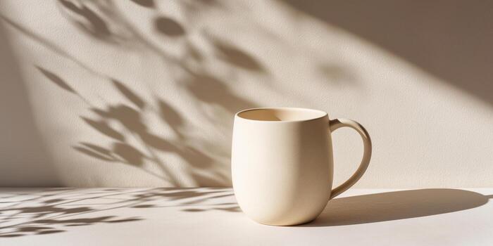 The white ceramic mug is highlighted against a neutral background with soft natural shadows and is ready for branding or text overlay. Panoramic banner photo