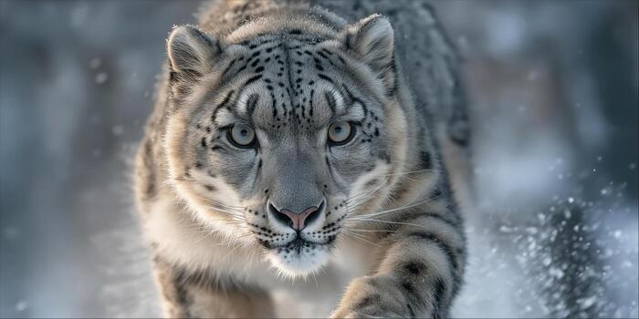 Snow leopard walking in snowy environment photo