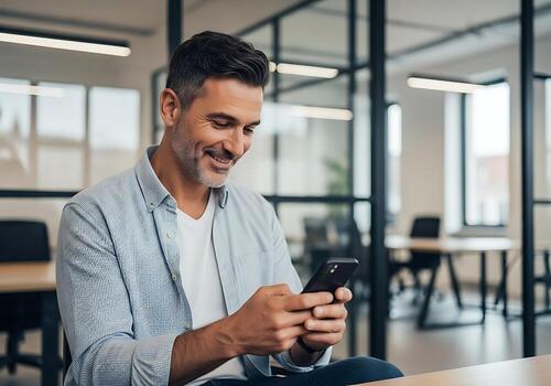 Smiling Businessman Texting on Mobile Phone in Modern Office with Glass Partition Walls and Comfortable Workspaces Enjoying Digital Communication photo