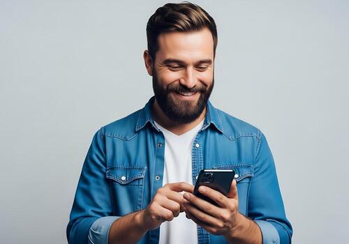 Smiling man using his smartphone for communication and connection checking social media apps online browsing internet in casual outfit photo