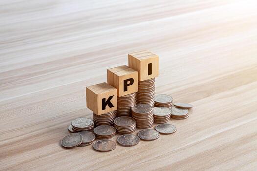 KPI concept. Wooden blocks with KPI icons,copy space. Key Performance Indicator using business intelligence metrics connected to database. Business, finance, operations, sales, marketing performance photo