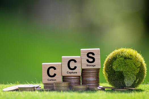 Symbol CCS for Carbon Capture Storage words CCS on a wood cube on the environmental background. Net zero action concept. green energy, reduce carbon footprint, Save energy, carbon dioxide.1 photo