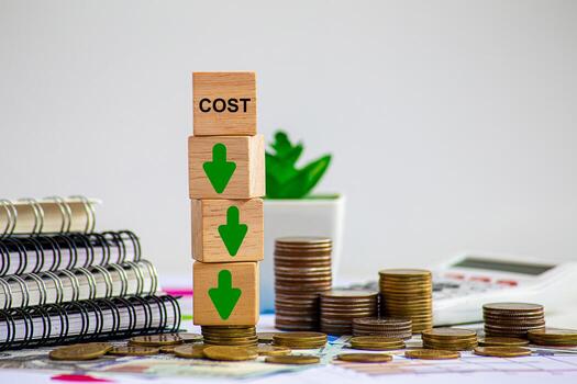 Cost reduction concept. Cost wording on decreasing coins stacking with the down arrow photo