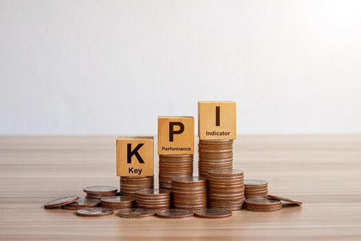 KPI concept. Wooden blocks with KPI icons,copy space. Key Performance Indicator using business intelligence metrics connected to database. Business, finance, operations, sales, marketing performance2 photo