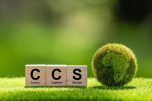 Symbol CCS for Carbon Capture Storage words CCS on a wood cube on the environmental background. Net zero action concept. green energy, reduce carbon footprint, Save energy, carbon dioxide.2 photo