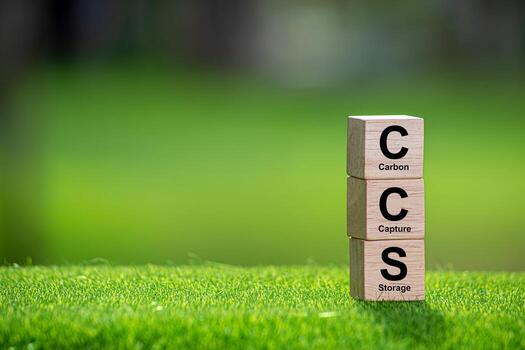 Symbol CCS for Carbon Capture Storage words CCS on a wood cube on the environmental background. Net zero action concept. green energy, reduce carbon footprint, Save energy, carbon dioxide.13 photo