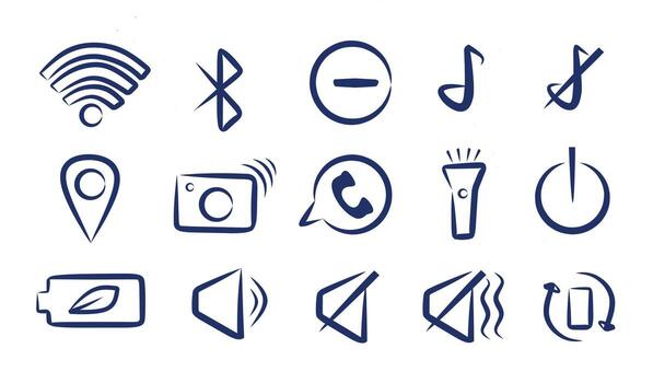 Set of fifteen hand drawn interface icons for mobile devices featuring wifi, bluetooth, battery, camera, call, sound, location and notification symbols in sketch style vector