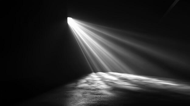 Dramatic Beam of Light Shining Through Darkness Onto Empty Floor in Minimalist Space photo