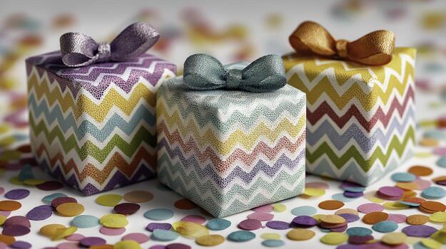 vistoso zigzag modelo regalo cajas con satín cintas en papel picado antecedentes foto