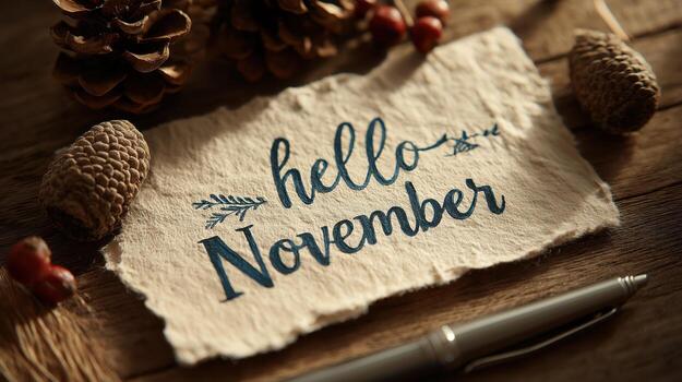 Handwritten Hello November Text on Textured Paper with Pinecones and Wooden Surface photo