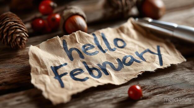 Rustic Wooden Table with Crumpled Paper Saying Hello February Surrounded by Pine Cones and Berries photo