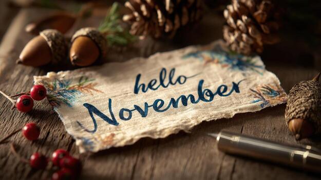 rústico hecho a mano papel con escrito Hola noviembre texto rodeado por piñas bellotas y rojo bayas foto