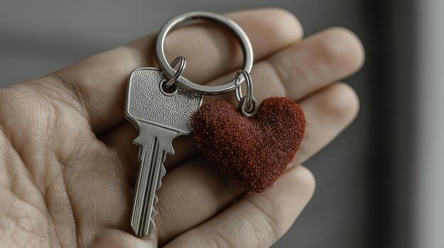 Keychain with Silver Key and Red Heart Plush Toy Held in Hand photo