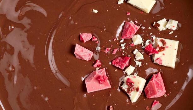 Melted liquid chocolate texture background, some white and pink chocolate parts falling in this liquid photo