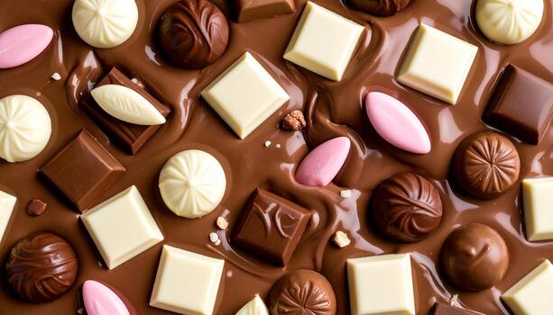 Liquid chocolate texture background, some bitter white and pink chocolate parts falling in this liquid photo