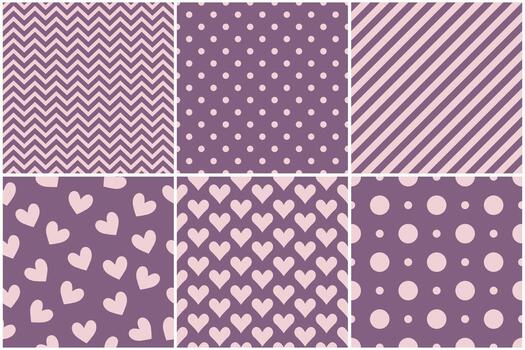 Set of hearts, polka dot, diagonal line and chevron lines seamless tile pattern background. Geometric printing backdrop illustration vector