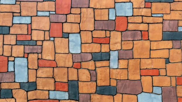 Vibrant multi colored stone wall with irregular shapes creates a unique rustic texture. A row of colorful curved square stones. Ideal for backgrounds architectural themes or design elements. photo