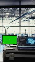Vertikale Attrappe, Lehrmodell, Simulation Gerät im Daten Center mit Supercomputer Ausrüstung gebaut zum künstlich Intelligenz Prognose Modelle. Grün Bildschirm Tablette im Server Zimmer mit neural Netzwerke Technik Erkennen Daten Muster video