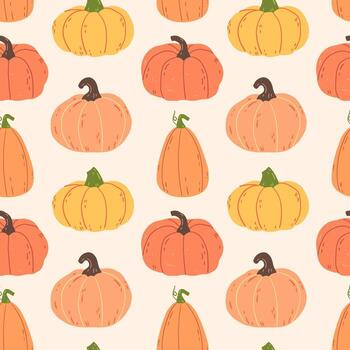 acogedor otoño sin costura modelo con diferente calabazas en un ligero antecedentes vector