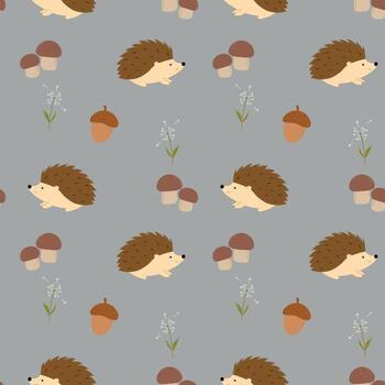 Seamless pattern with cute hedgehogs in the forest. Children's print, hedgehogs with mushrooms, dandelion, acorn. vector