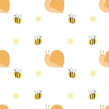 Seamless pattern cute smiling snails and bees on white background. Funny insects. vector