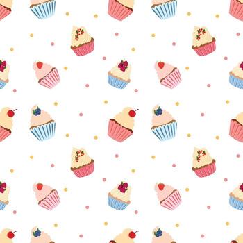 Seamless pattern with cupcakes, berries and confetti. Strawberry, cherry, blueberry, raspberry. vector