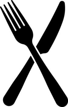 Minimalist black silhouette of crossed fork and knife, simple flat design, without background vector