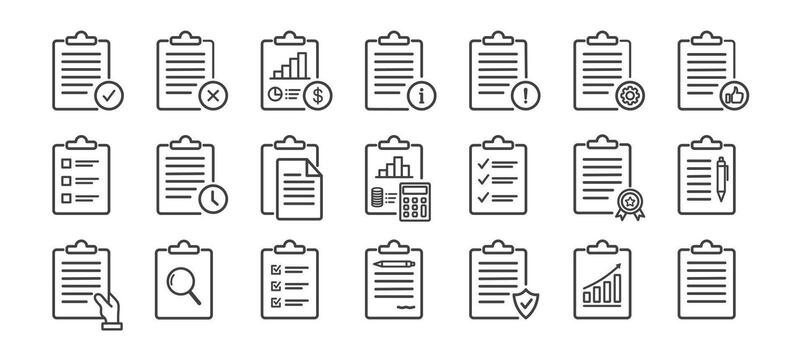 Clipboard, checklist, report, survey, and agreement icons in editable stroke outline style, flat illustration on white background. vector