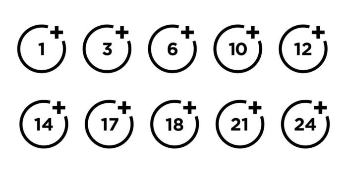 Set of age requirement icons indicating user restrictions and recommended age limits. vector