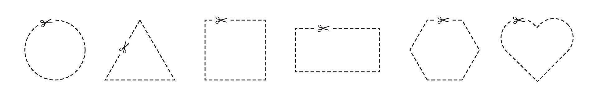 Cutting scissors set. Dotted coupon border. Scissors silhouette in white background. Dashed discount symbol. Dotted circle, square, triangle, love and rectangle. vector