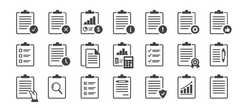 Clipboard, checklist, report, survey, and agreement icons in editable stroke outline style, flat illustration. on white background. vector