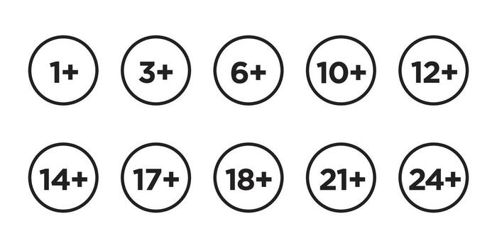 Set of age requirement icons indicating user restrictions and recommended age vector