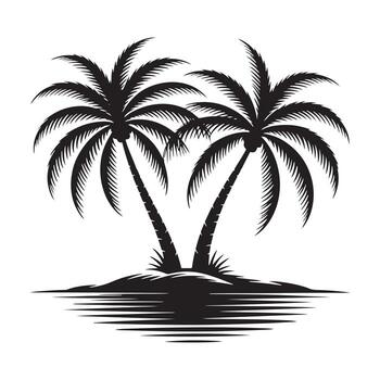Silhouette of two leaning palm trees on a small island with water reflection on a white background vector