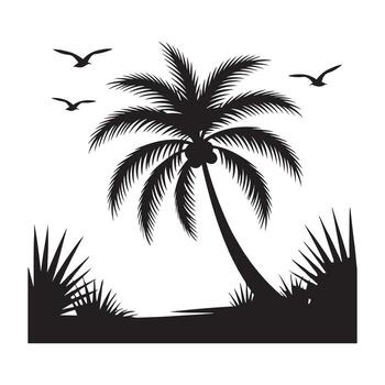 silueta de un palma árbol con cocos y rodeando vegetación con aves volador en un blanco antecedentes vector