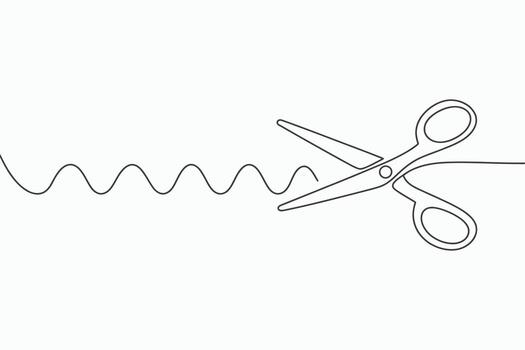 Single line drawing of scissors cutting a wavy line isolated on white background vector
