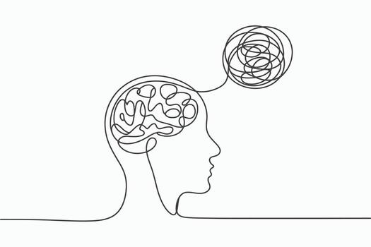 Continuous line drawing of a human head with a tangled thought bubble isolated on white background vector