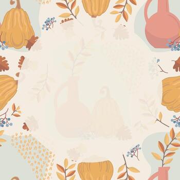 Fall card with warm autumn elements and empty space for text, surrounded by pumpkin and pink ceramic vase. Great for invitations, social media content, and print projects vector