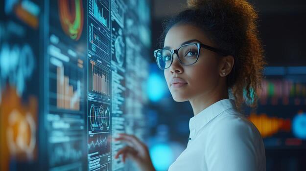 Businesswoman analyzing holographic futuristic big data interface analyzing graphs and statistics photo