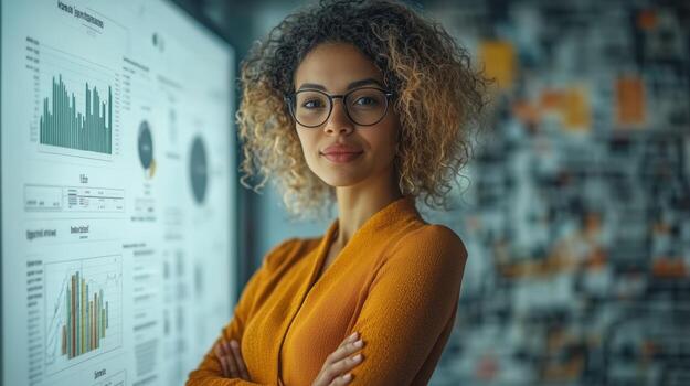 Businesswoman analyzing financial charts on interactive whiteboard during a presentation photo