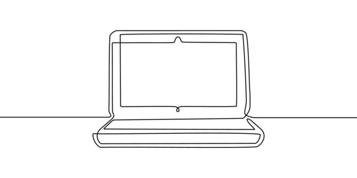 Continuous line laptop work computer screen office art pc outline illustration. Laptop continuous line doodle notebook single desktop typing business icon monitor digital email technology data. vector
