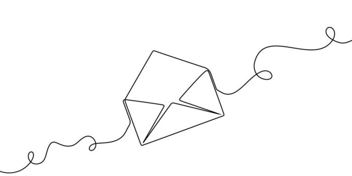 Continuous art line one mail icon email letter paper message. Art continuous mail sketch newsletter outline contact plane illustration business single doodle arrow journey travel send fly post. vector